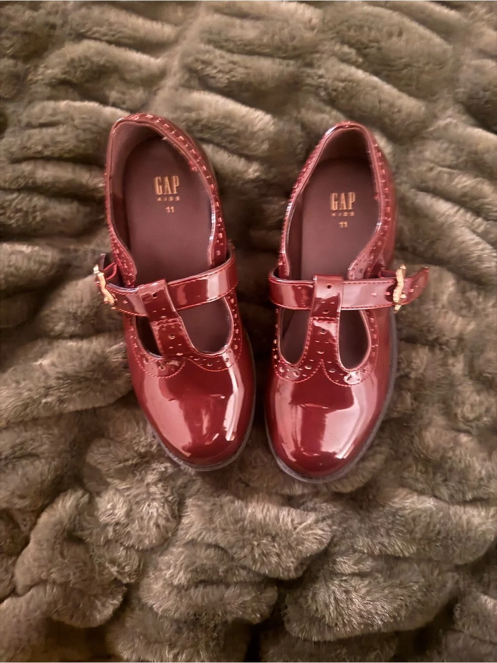 GAP Girls Patent Mary Janes in Deep Burgundy with Gold Buckle